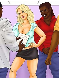 Slut white blonde teacher on this comics porn wants to seduce three black dudes